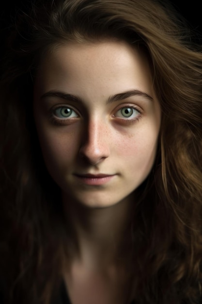 Un ritratto di una ragazza con gli occhi verdi e uno sfondo scuro.