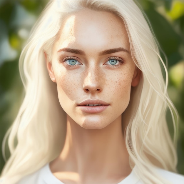 Un ritratto di una ragazza con i capelli bianchi e gli occhi azzurri