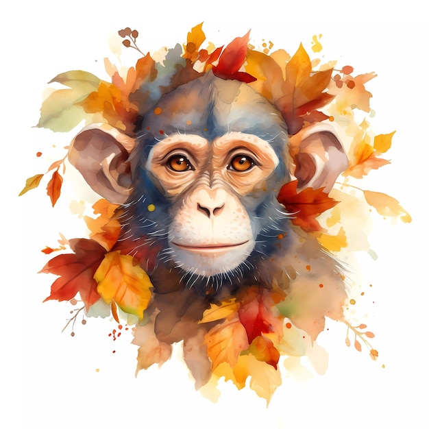 Un ritratto di una scimmia con foglie d'autunno su di esso