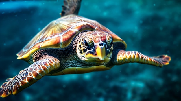 Un ritratto di una vecchia tartaruga marina che nuota nell'oceano