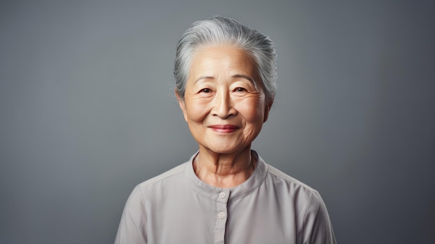 Un ritratto fotografico di una donna asiatica anziana felice alla luce dello studio