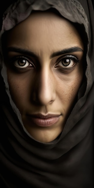 Un ritratto in primo piano di una donna mediorientale che indossa un hijab niqab nero con montagne bokeh sullo sfondo AIGenerated