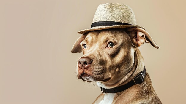 Un ritratto in studio di un Pit Bull che indossa un cappello di paglia Il cane sta guardando lontano dalla telecamera con un'espressione seria