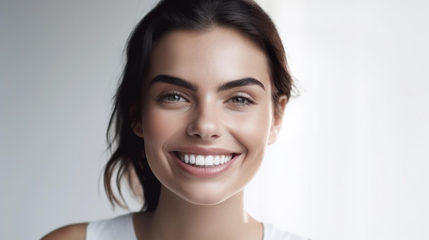 Un ritratto in studio di una bella donna sorridente con una pelle perfetta Immagine generativa AI