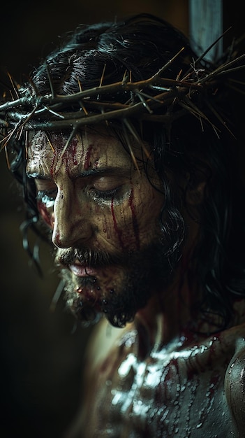 Un ritratto intimo di Gesù sulla croce con dettagli ravvicinati sul suo viso compassionevole circondato