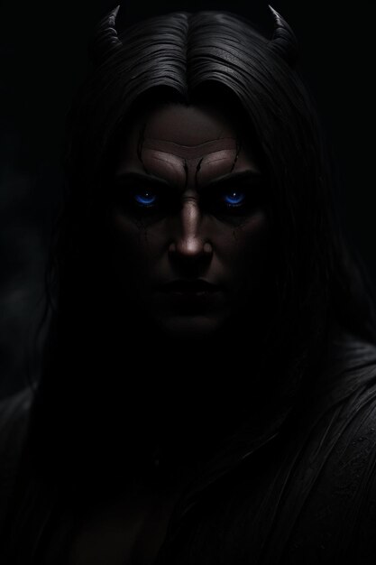 Un ritratto oscuro di un uomo con gli occhi blu.