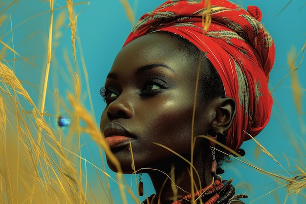 Un ritratto ravvicinato del viso di una donna africana alla moda con un copricapo colorato