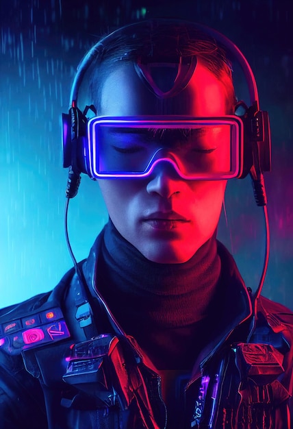 Un ritratto realistico di un uomo alla luce al neon che indossa un auricolare cyberpunk e attrezzature cyberpunk
