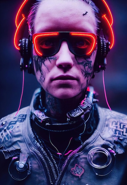 Un ritratto realistico di un uomo che indossa un auricolare cyberpunk e attrezzatura cyberpunk