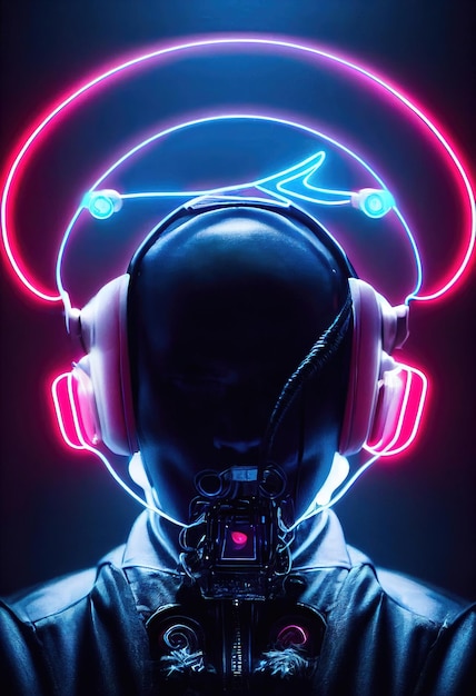 Un ritratto realistico di un uomo in luce al neon che indossa un auricolare cyberpunk e attrezzatura cyberpunk.