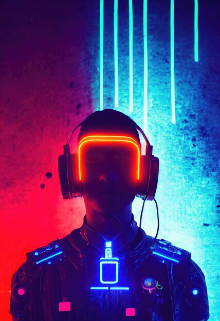 Un ritratto realistico di un uomo in luce al neon che indossa un auricolare cyberpunk e attrezzatura cyberpunk