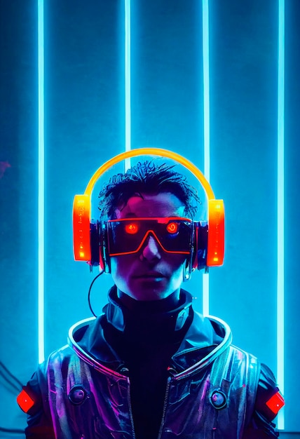 Un ritratto realistico di un uomo in luce al neon che indossa un auricolare cyberpunk e attrezzatura cyberpunk