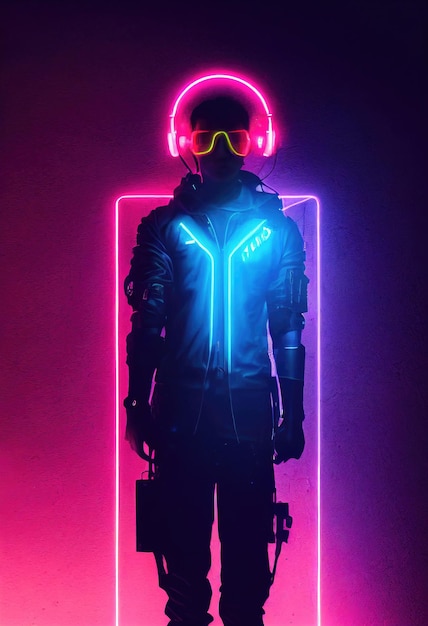 Un ritratto realistico di un uomo in luce al neon che indossa un auricolare cyberpunk e attrezzatura cyberpunk