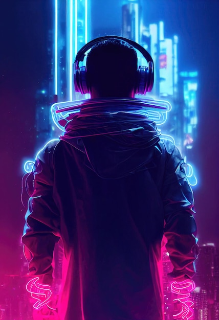 Un ritratto realistico di un uomo in luce al neon che indossa un auricolare cyberpunk e attrezzatura cyberpunk