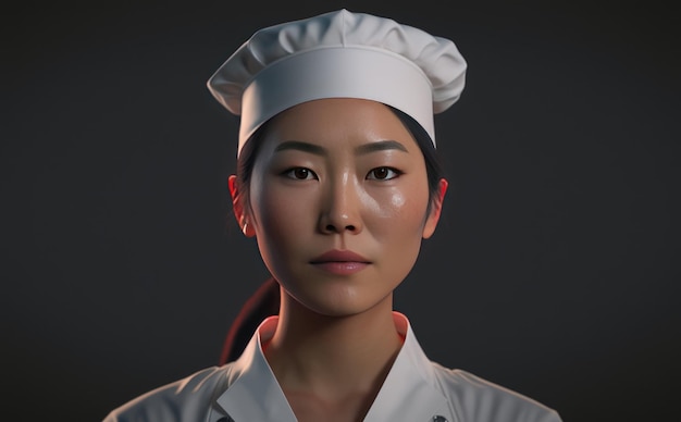 un ritratto realistico di una donna asiatica con un cappello da chef bianco femminile chef ai generato