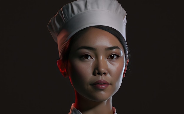 un ritratto realistico di una donna asiatica con un cappello da chef bianco femminile chef ai generato