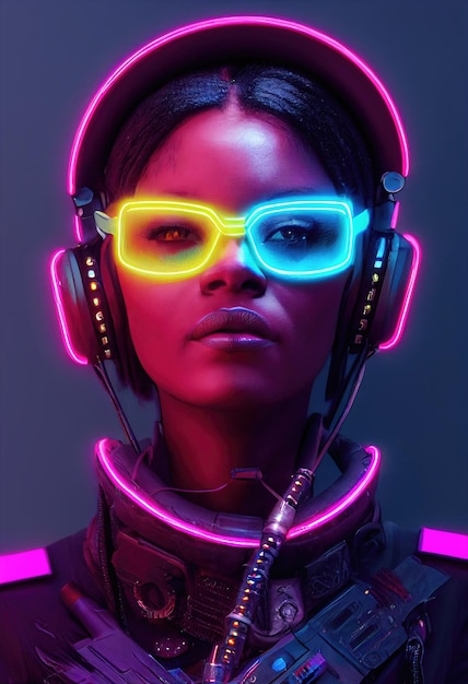Un ritratto realistico di una ragazza ebano che indossa un auricolare cyberpunk e attrezzatura cyberpunk.