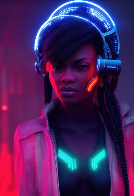 Un ritratto realistico di una ragazza ebano che indossa un auricolare cyberpunk e attrezzatura cyberpunk.