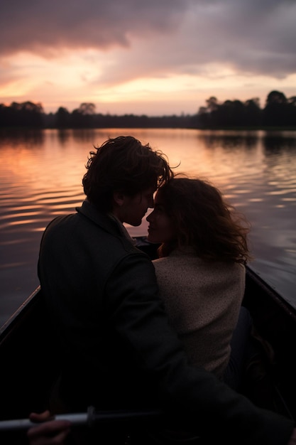 Un ritratto romantico al crepuscolo di una coppia in una barca su un lago alimentato da una sorgente
