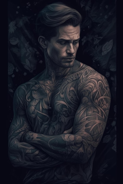 Un ritratto scuro di un uomo con tatuaggi sulle braccia.