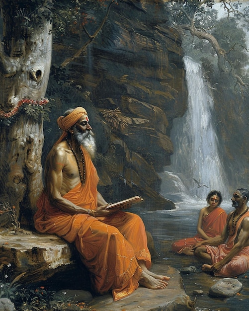 Un ritratto sereno del saggio Valmiki che narra il Ramayana a Lava e Kusha nella tranquillità