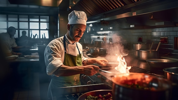 Un ritratto sincero di un chef che cucina in una cucina con uno sfondo sfocato dei ristoranti che mangiano