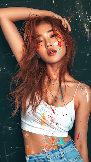 Un ritratto unico cattura una donna asiatica con i capelli rossi e un viso adornato da schizzi di vernice