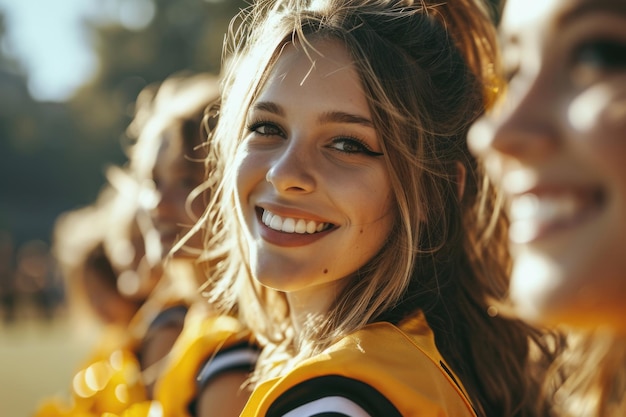 Un ritratto vivace di giovani donne sorridenti membri di una squadra di football americano39s cheerleading squad che irradiano entusiasmo ed energia