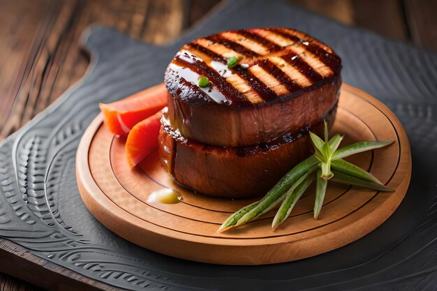 un roast beef con verdure su un piatto di legno