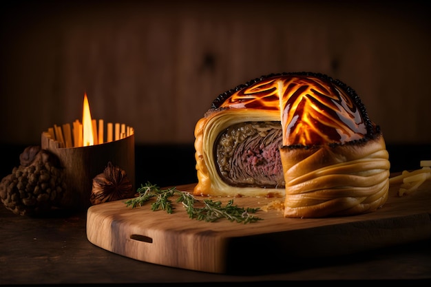 Un roast beef e pastrami è su un tagliere con una candela sullo sfondo.