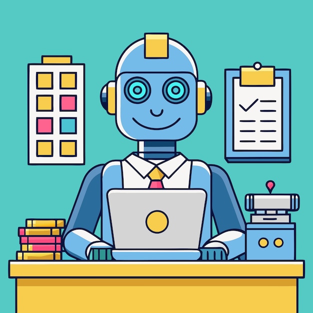 Un robot AI amichevole lavora a una scrivania con un laptop