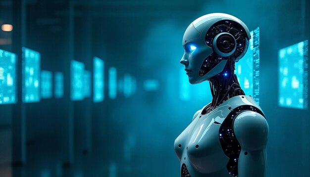 Un robot AI futuristico circondato da un codice luminoso che monitora le griglie digitali e rileva le minacce.
