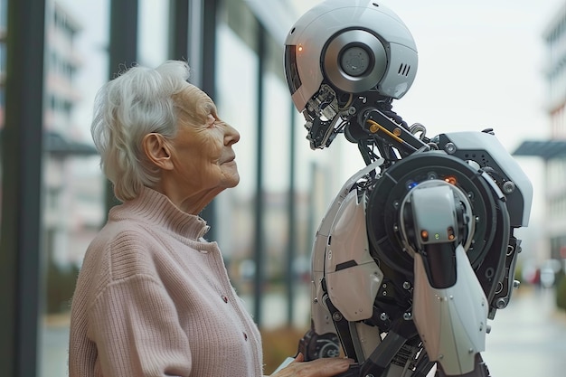 Un robot androide umanoide si prende cura di una donna anziana