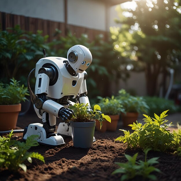 Un robot bianco che pianta un albero nel giardino alla luce del sole del mattino