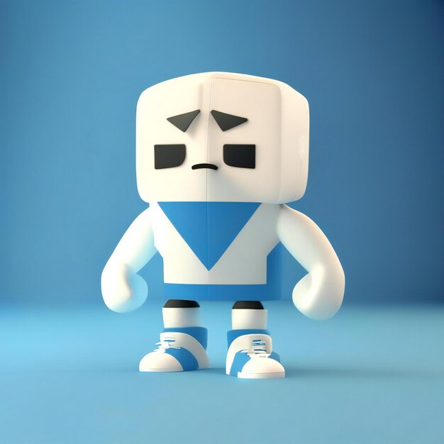 un robot bianco con una camicia blu e una cravatta blu.