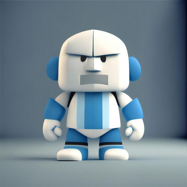 un robot bianco con una camicia blu e una cravatta blu.