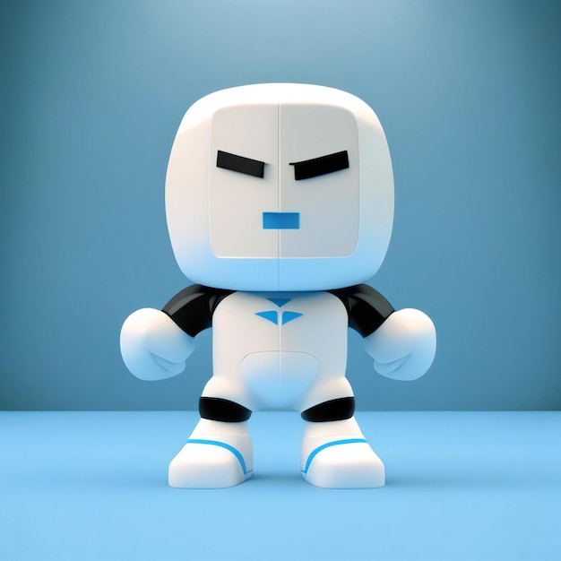 un robot bianco con una maglietta blu e una cintura nera