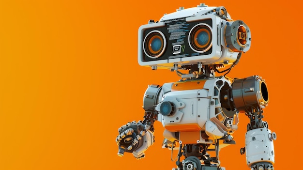 Un robot bianco e arancione progettato con precisione si erge con fiducia su uno sfondo giallo brillante