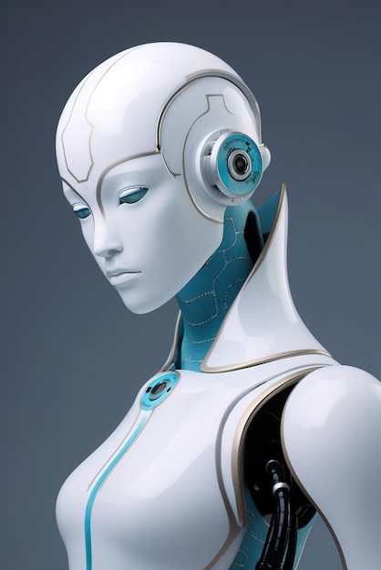 Un robot bianco e blu con le cuffie sull'immagine generativa ai