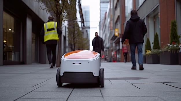 Un robot bianco è parcheggiato su un marciapiede della città