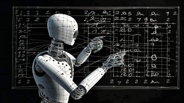 Un robot bianco in piedi su una lavagna con formule matematiche scritte su di essa