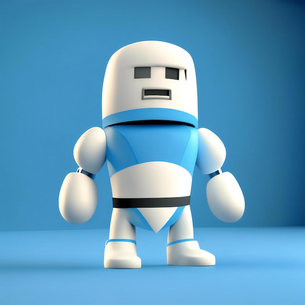 un robot blu con una cintura nera e una cintura bianca sopra