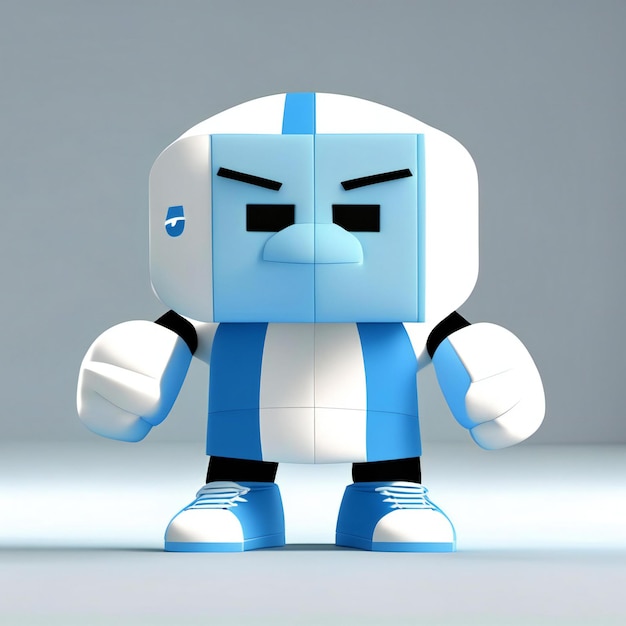 un robot blu e bianco con una faccia blu e una cintura nera.