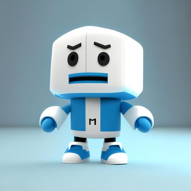 un robot blu e bianco con una maglietta blu che dice mm