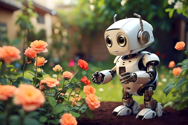 Un robot carino che ammira i fiori in giardino.