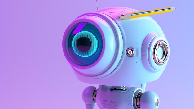 Un robot carino con una matita sulla testa Il robot è bianco e ha un occhio blu È in piedi su uno sfondo viola