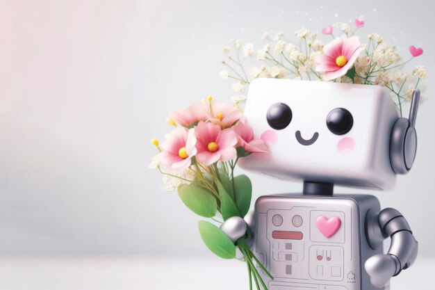 Un robot carino e felice tiene in mano un bouquet di fiori rosa.