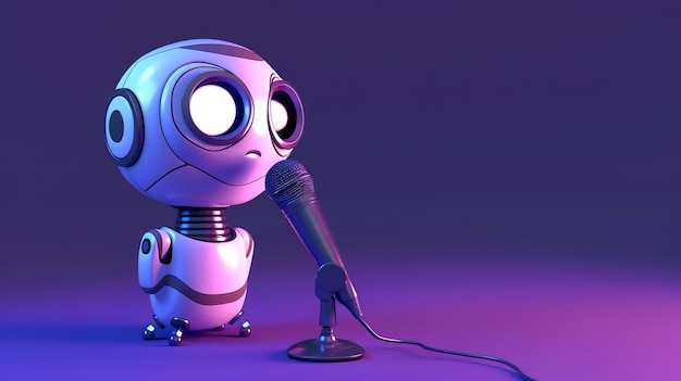 Un robot carino è in piedi su un palco con un microfono Il robot sta guardando il pubblico con i suoi grandi occhi rotondi