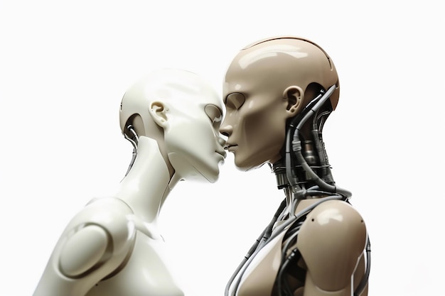Un robot che bacia un uomo con uno sfondo bianco.