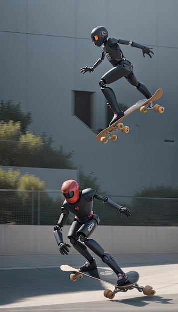 Un robot che cerca di guidare uno skateboard con ruote al posto dei piedi, provocando un'illustrazione di caduta caotica